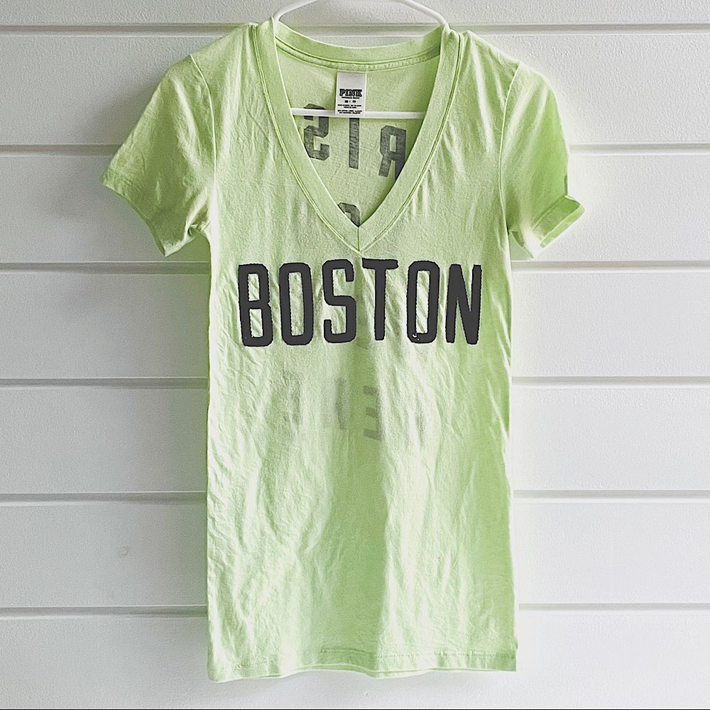 Victoria’s Secret PINK Yellow V-Neck Short Sleeve Boston Irish Sequins Bling Tee